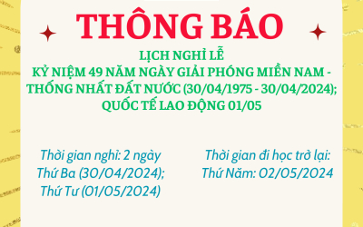 THÔNG BÁO NGHỈ LỄ 30/4 VÀ 1/5