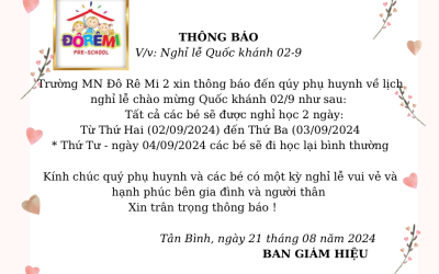 THÔNG BÁO NGHỈ LỄ QUỐC KHÁNH 2 THÁNG 9